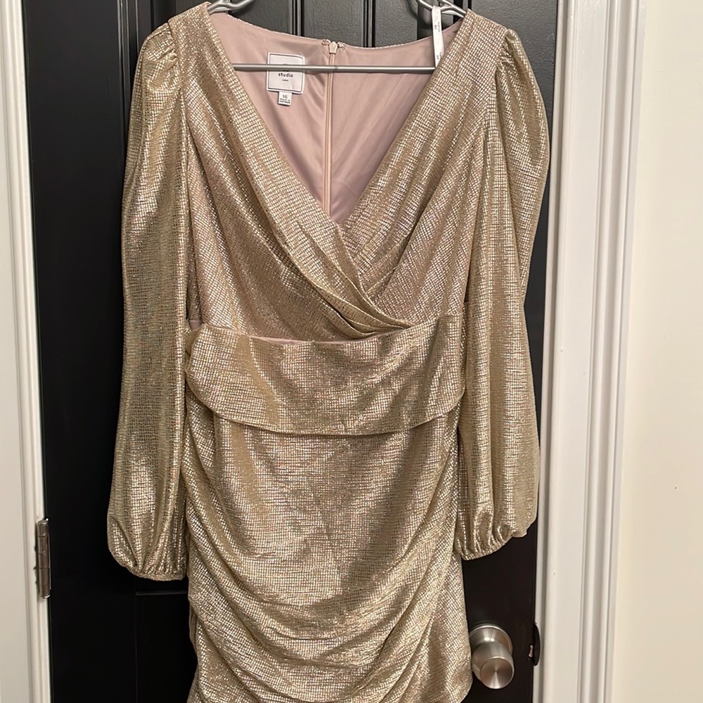 Gold cocktail dress from David’s Bridal.